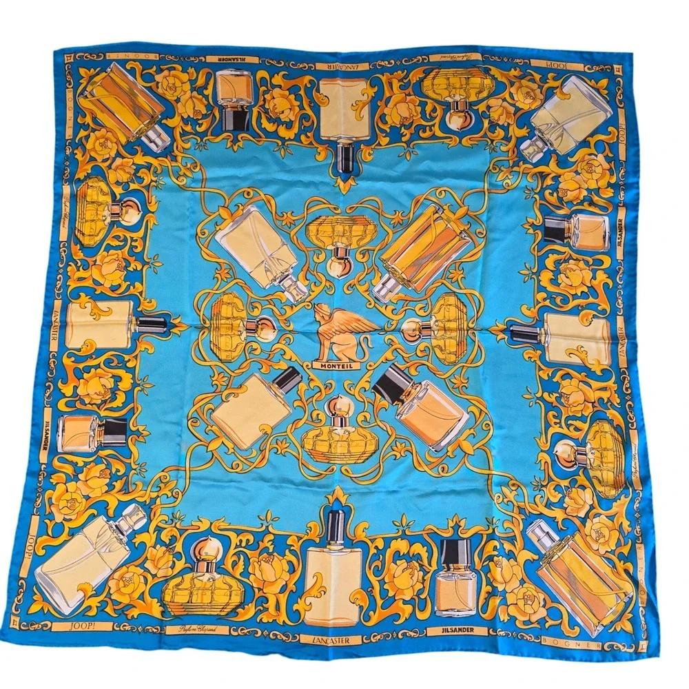 Vintage Lancaster Group Silk Scarf Perfume Bottle Print Blue Gold 34 Inch